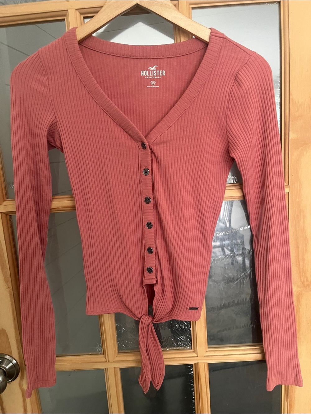 Hollister Dusty Pink Ribbed Henley style tie front Long Sleeve Top Sz xs